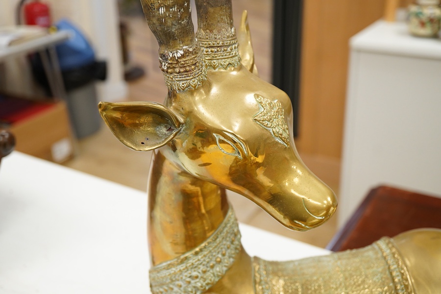 A pair of modern Chinese polished bronze 'Feng Shui' models of antlered recumbent deer with decorated bodies, height 66cm